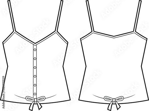Women’s camisole top fashion flat, vector lingerie tank design with bow details and straps, front and back views – cad drawing flat vector illustration