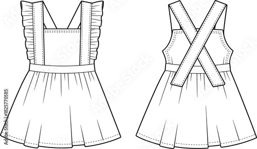 Kids pinafore dress technical flat, vector fashion template, ruffle strap design, front and back CAD clothing illustration for girls