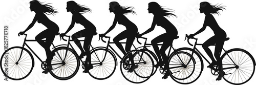 Stylish female cyclist silhouettes riding bicycles in motion, elegant bike riding illustration set for fitness, sports, lifestyle design and creative projects