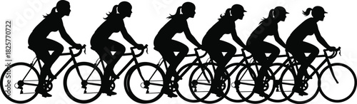 Silhouette group of women cycling together on road bikes, sporty female riders in motion forming coordinated biking team in dynamic style