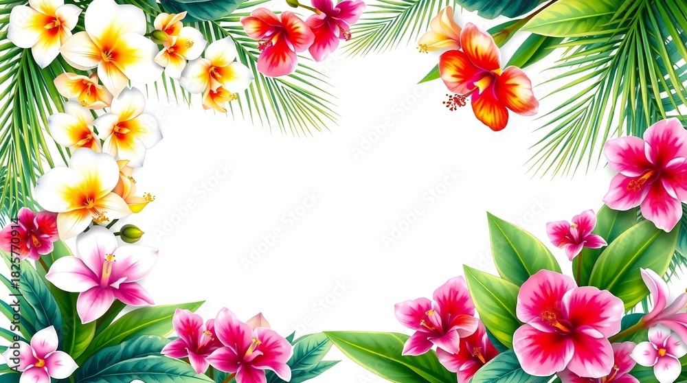 Fototapeta premium Vibrant tropical flower border with green leaves and pine needles
