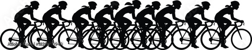 Silhouette group of women cyclists riding road bikes in formation, teamwork motion concept, sporty female riders racing together in dynamic style