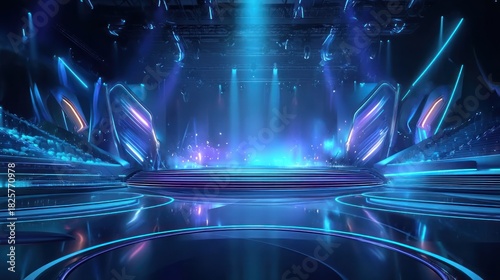 Modern illuminated stage with vibrant blue lights