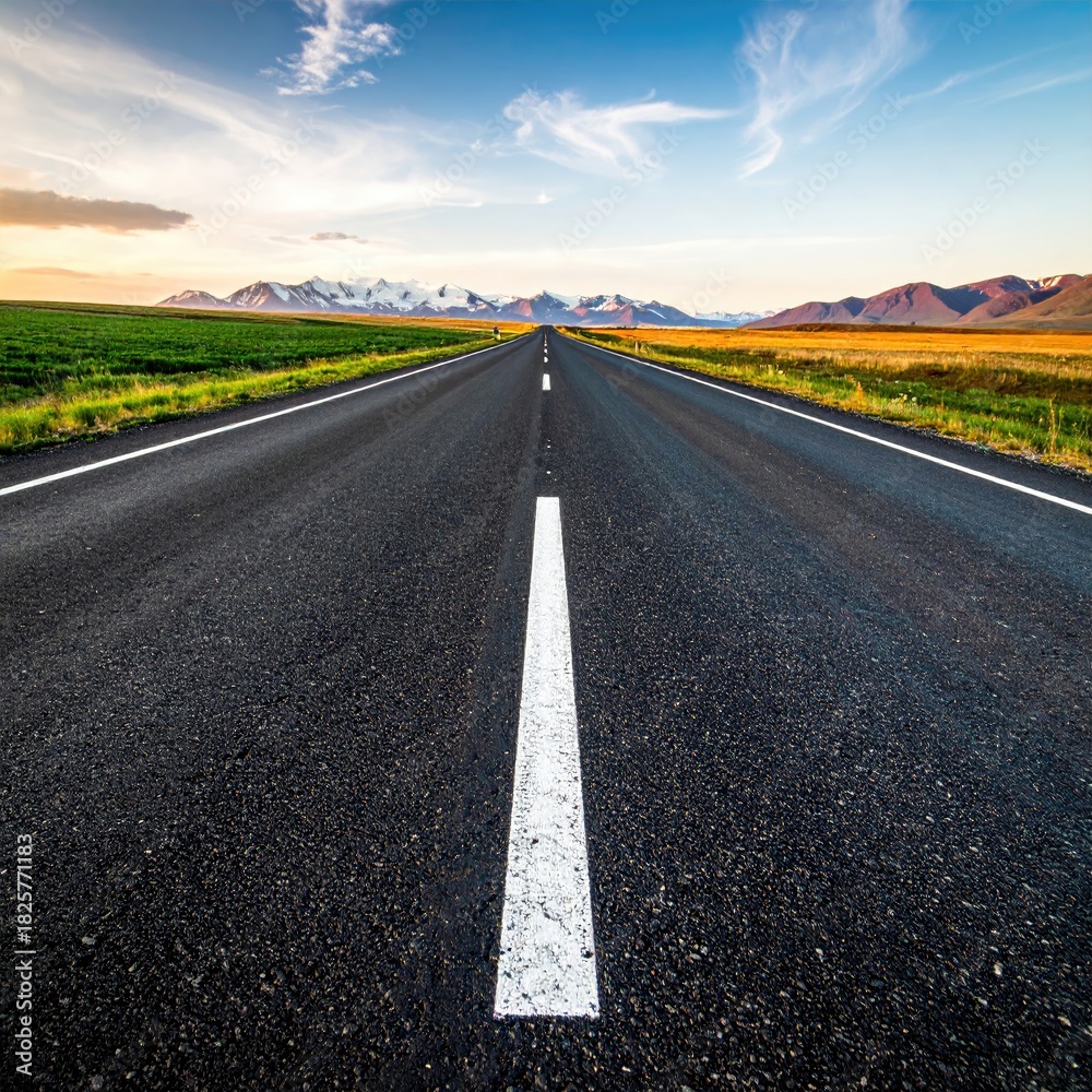 Fototapeta premium Road stretches to distant mountains under a bright sky