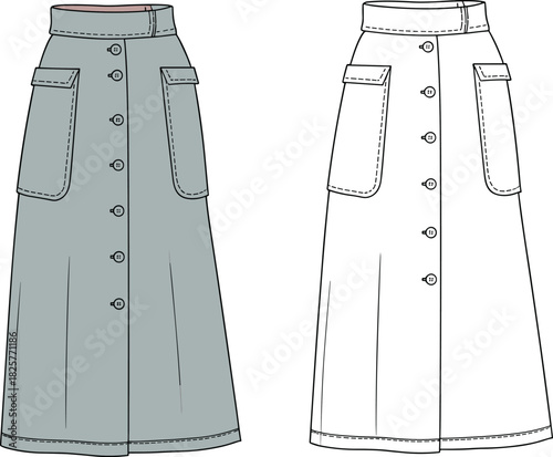 Long A-line skirt fashion flat sketch with button front and flap pockets, technical clothing illustration and garment design template for designers