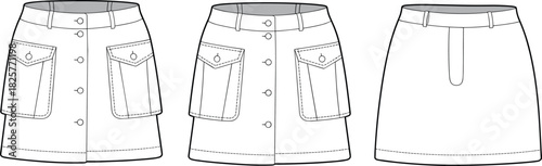 Mini skirt fashion flat sketch with front buttons, cargo pockets, technical clothing illustration, garment design template for sewing and apparel designers