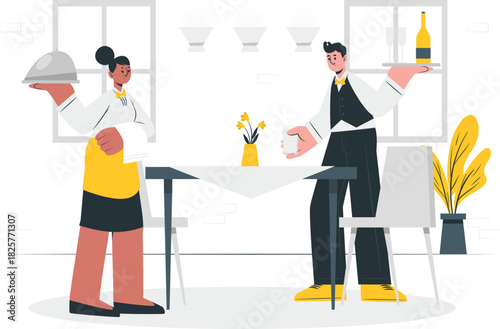 Restaurant staff serving food and wine