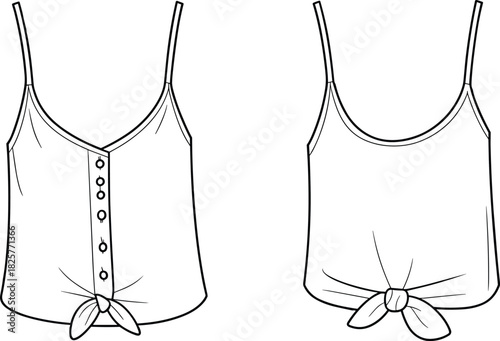 Stylish women’s tie-front camisole top technical flat sketch, button-down tank fashion illustration, apparel design template for clothing production and branding