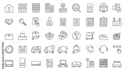 引越しのアイコン　荷造り　移動　素材　セット 　イラスト　ベクター　不動産　ダンボール　家電　契約