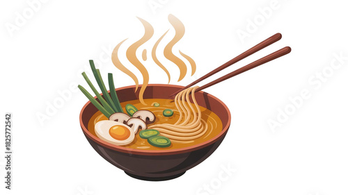 Bowl of Noodle Soup with Chopsticks – Asian Cuisine Warm Meal Illustration