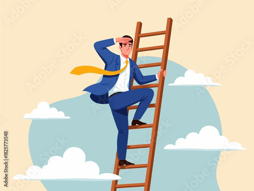 Businessman Climbing Ladder Looking for Future Opportunities - Vision, Foresight & Strategy Illustration