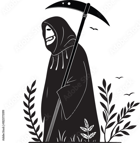 Mysterious Cloaked Figure with Scythe Vector