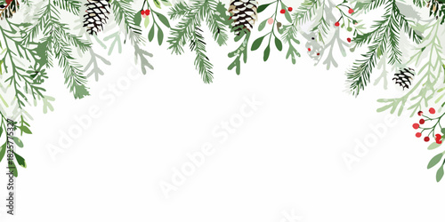 Watercolor christmas border with pine branches berries and pinecones on white