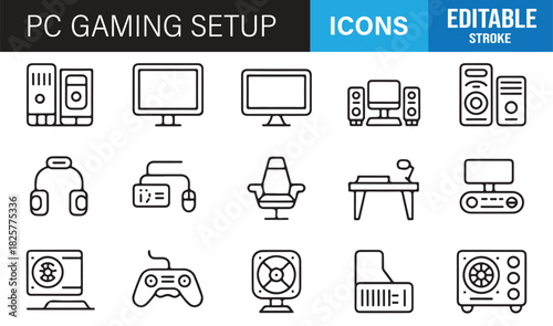 Vector Icon Set Depicting Gaming Monitors, Desktops, Chairs, Headsets, Speakers, Webcams, Controllers, and PC Accessories