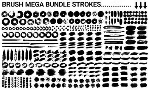 Big collection of black paint, ink brush strokes, brushes, lines, grungy. Dirty artistic design elements, boxes, frames. Vector illustration. Isolated on white background. Freehand drawing.