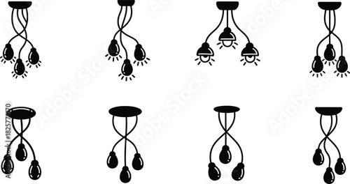 Modern hanging three-bulb cluster pendant chandeliers vector designs featuring twisted cords and different bulb shapes, ideal for architectural graphics and interior decoration concepts.