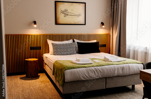 Beautiful modern room with brown acoustic wall panels. Modern hotel bathroom. Modern stylish hotel. Interior of a modern apartment.