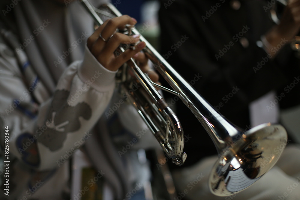 Obraz premium Closeup of Trumpet Player Practicing in a Music Rehearsal Room