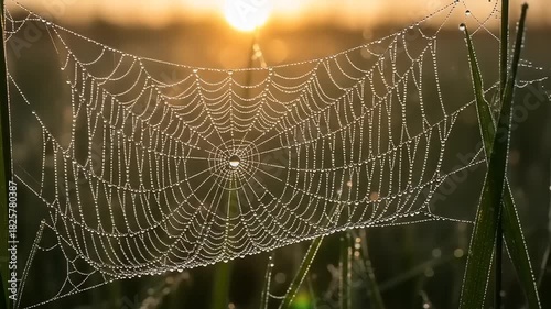 Spiderweb in the morning sun with dew drops on the web.