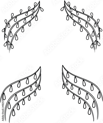 Elegant symmetrical feather-like lines with hanging teardrop accents, a decorative corner element, and a unique floral-style vector design ideal for borders, wedding invitations, and abstract artwork.