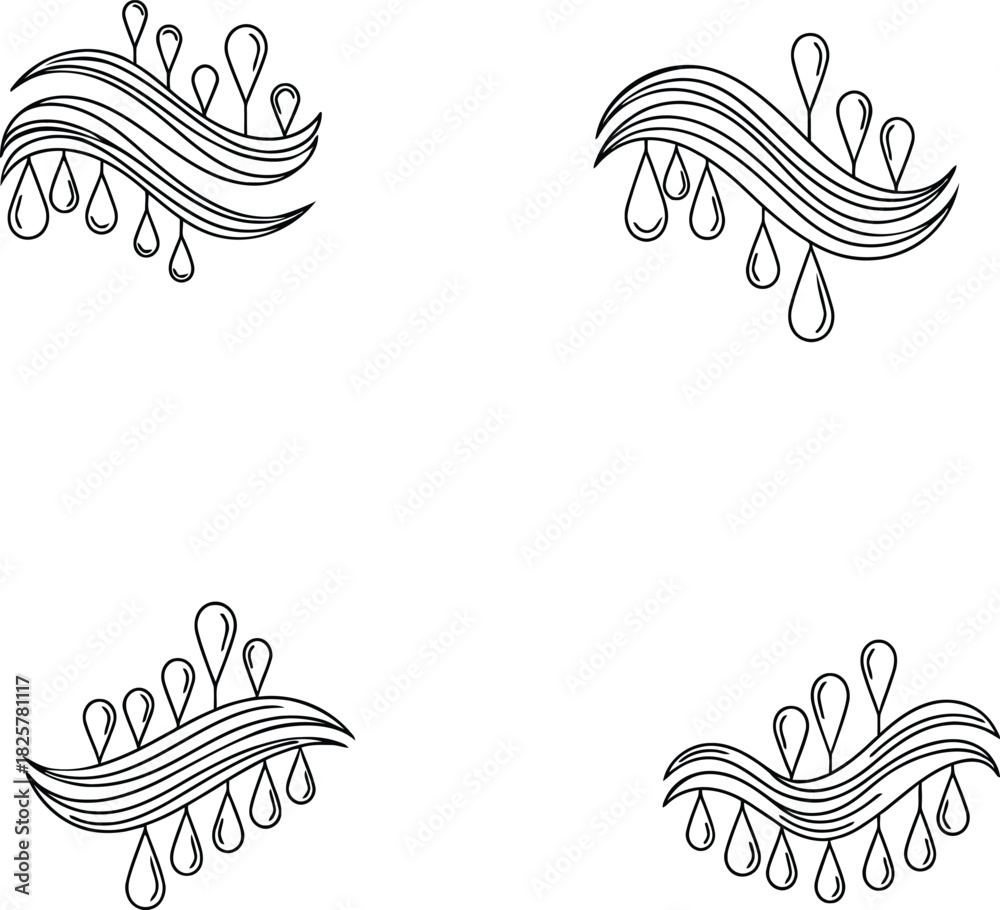 Obraz premium Collection of abstract wave and flowing hair-like line elements set with hanging teardrop or water drop shapes for elegant decorative art and logo design.