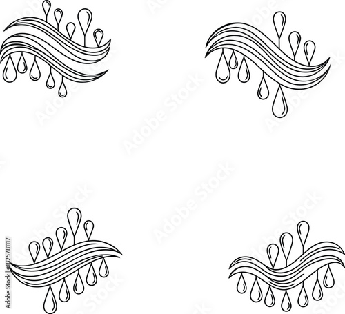 Collection of abstract wave and flowing hair-like line elements set with hanging teardrop or water drop shapes for elegant decorative art and logo design.