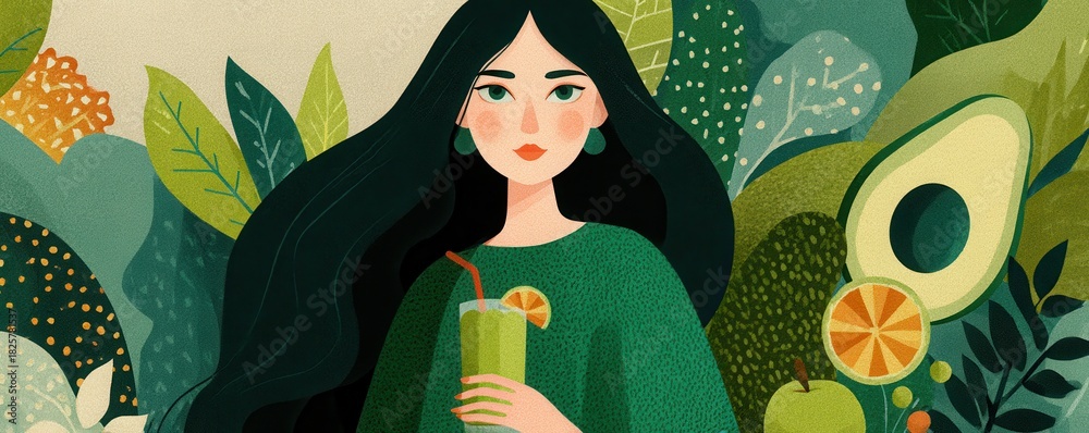 Naklejka premium Green lifestyle illustration of a woman holding juice amid tropical leaves and fruit in a lush setting