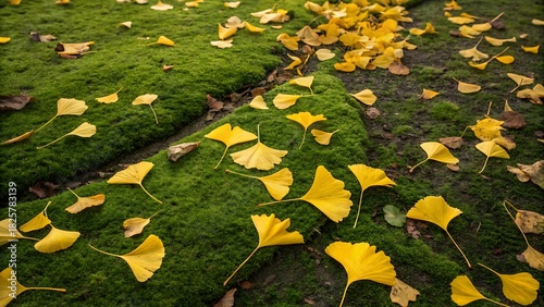 Vibrant yellow ginkgo leaves scattered across a lush, textured carpet of green moss, showcasing the beautiful colors of autumn in a serene natural setting
