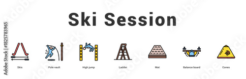 Ski Session Modern and clean web banner illustration featuring thematic icons for visual communication