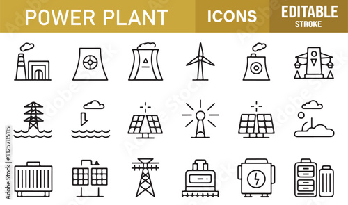 Comprehensive Power Plant Icon Pack Showing Electricity Generation Sites, Wind Energy, Solar Power, Hydro Systems, and Battery Units