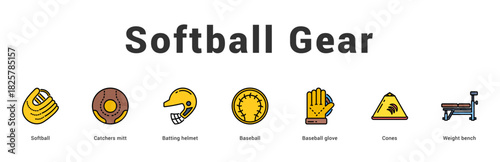 Softball Gear Modern and clean web banner illustration featuring thematic icons for visual communication