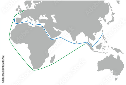 world map icon logo sign line lines route art design vector Alternative Shipping Route Detour Africa While Suez Canal Blocked Flat Vector Illustration.