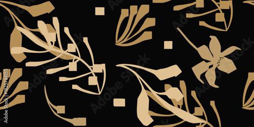 Elegant abstract floral winter luxe style seamless pattern. Holiday golden silhouette botanical with geometric forms.