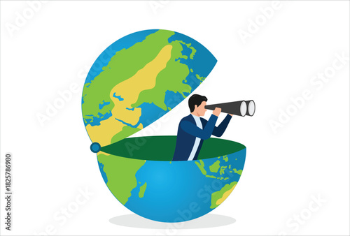 World economic vision or international opportunity for business, work or investment, searching for oversea business concept, smart businessman open globe using binoculars looking for future vision.