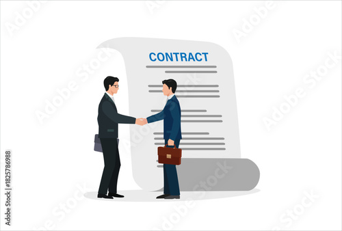 Employment contract agreement, corporate partnership document with signature, new employee signing contract, legal paperwork, recruitment document concept, businessman handshake with contract paper.