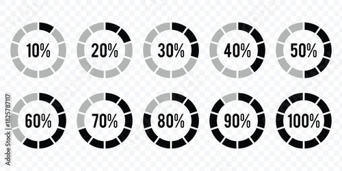 Circle percentage diagram. Radial pie charts displaying progress from 10% to 100%, perfect for data visualization, infographics, and loading indicators. Percentage number icon set. eps 10