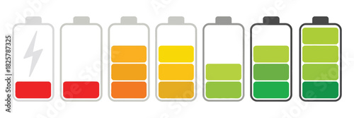 Battery Level Indicators Displayed As Charge Power Icons In Clean Outline Style, Featuring Energy Status Bar Elements In A Modern Minimal Vector Illustration Set