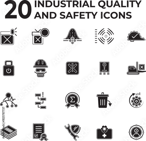 20 modern solid-fill vector icons for Industrial Quality and Safety, covering standards, PPE, risk management, process control, Six Sigma, maintenance, and data analysis. Ideal for technical documents
