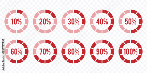 Circle percentage diagram. Radial pie charts displaying progress from 10% to 100%, perfect for data visualization, infographics, and loading indicators. Percentage number icon set. eps 10