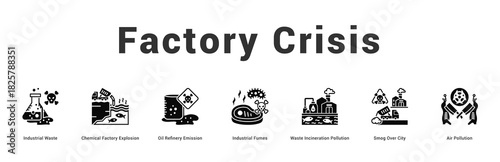 Factory Crisis Modern and clean web banner illustration featuring thematic icons for visual communication
