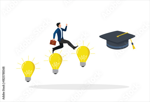 success step to achieve high education with knowledge, way to achieve higher education, journey to graduation, man jump through the light bulb idea towards graduation cap concept vector illustration