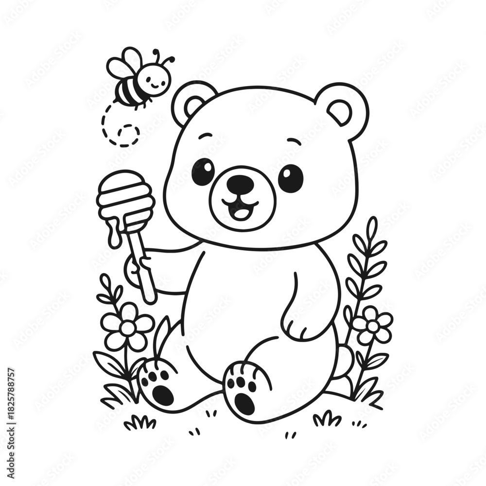 Obraz premium Cute bear cub with honey dipper and bee, line art coloring page