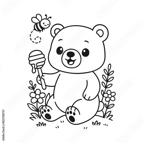 Cute bear cub with honey dipper and bee, line art coloring page