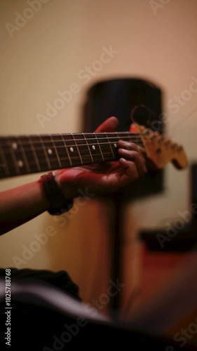 Close-Up of Hand Musician Playing Electric guitar Chord