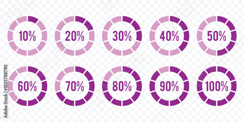 Circle percentage diagram. Radial pie charts displaying progress from 10% to 100%, perfect for data visualization, infographics, and loading indicators. Percentage number icon set. eps 10
