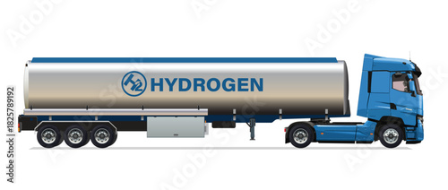 Hydrogen storage sphere and truck side view Isometric fuel car charging station with two dispensers for H2 vehicles Transportation tank water blue low cost