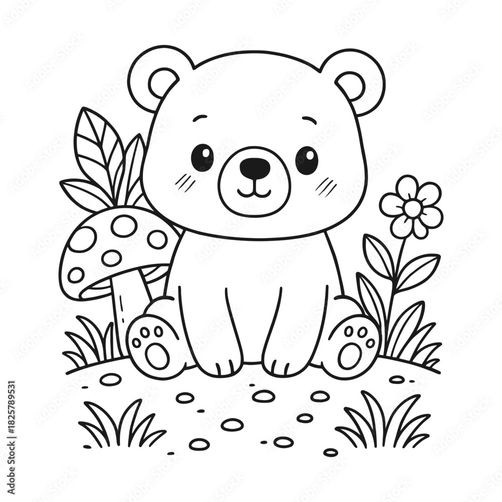 Obraz premium cute cartoon bear sitting in a forest with mushrooms and flowers illustration