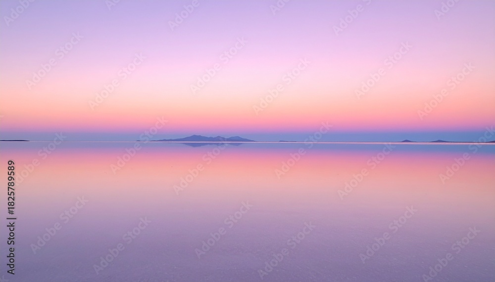 Obraz premium ウユニ塩湖のような鏡面反射の絶景 パステルピンクの夕焼け空の風景 マジックアワー
