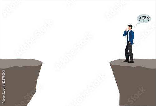 icon logo sign creative problem solving at work illustration with the concept of a businessman who is looking for a way to cross the gap between two cliffs, challenge at work concept
