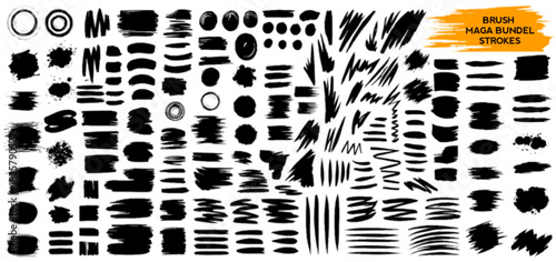 Mega bundle of different ink brush strokes:rectangle,square and round freehand drawings.Ink splatters,grungy painted lines,artistic design elements:waves,circles,triangles.Vector paintbrush set